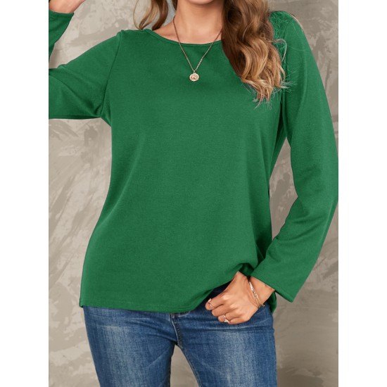 Women Solid Color Basic Designed Pleats V  Neck Long Sleeve Casual Blouses