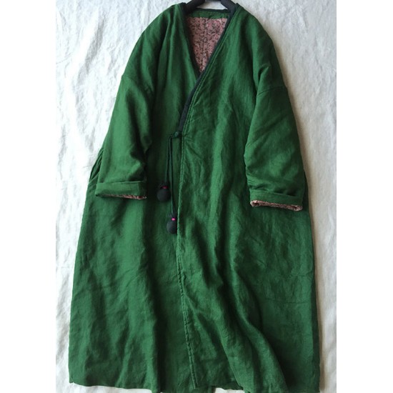 Women Green V Neck Button Cotton Filled Parka Long Coats Winter