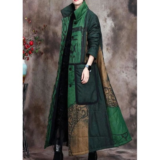 Boutique Green Print Pockets Thick Cotton Winter Long sleeve Coat