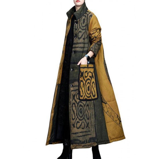 Beautiful Yellow Stand Collar Button Winter Cotton Parka Long sleeve