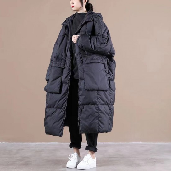 Plus Size Green hooded Zippered Pockets Winter Down Coat Long sleeve