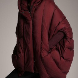 Trendy Mulberry hooded zippered Cloak Sleeves Winter Duck Down coat