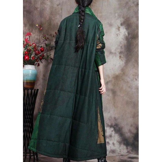 Boutique Green Print Pockets Thick Cotton Winter Long sleeve Coat