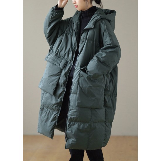 Plus Size Green hooded Zippered Pockets Winter Down Coat Long sleeve