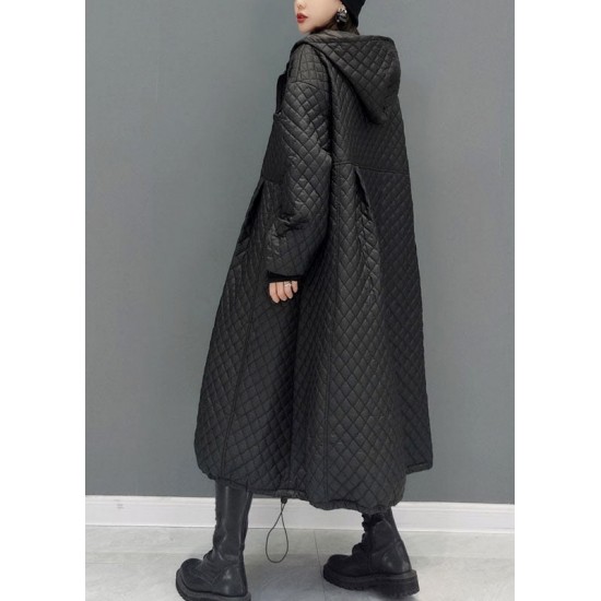 Women Black Hooded Pockets Fine Cotton Filled Witner Coat Winter