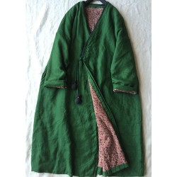 Women Green V Neck Button Cotton Filled Parka Long Coats Winter