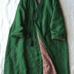 Women Green V Neck Button Cotton Filled Parka Long Coats Winter