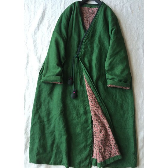 Women Green V Neck Button Cotton Filled Parka Long Coats Winter