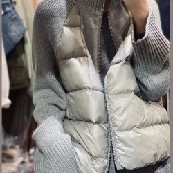 Loose Kahki Turtleneck Zip Up Knit Patchwork Parka Long Sleeve