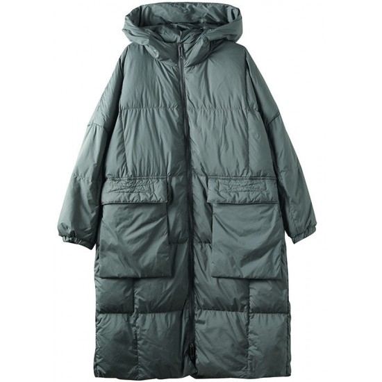 Plus Size Green hooded Zippered Pockets Winter Down Coat Long sleeve