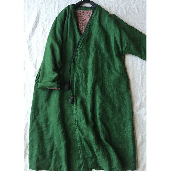 Women Green V Neck Button Cotton Filled Parka Long Coats Winter