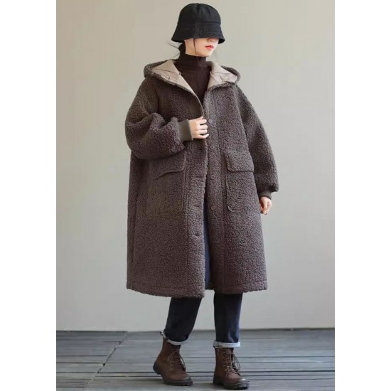 Women Blue Hooded Button Faux Fur Winter Coat