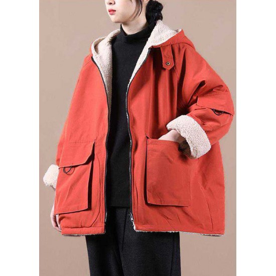 Fashion Orange hooded zippered Pockets Loose Winter parkas Coat