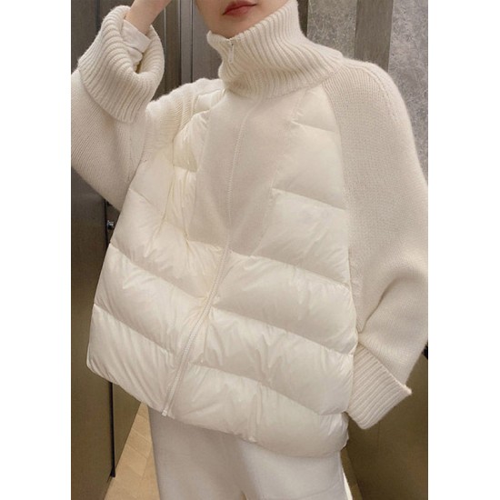 Loose Kahki Turtleneck Zip Up Knit Patchwork Parka Long Sleeve