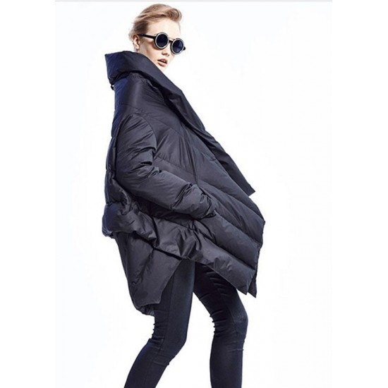 Black fashion Cloak asymmetrical design Thick Winter Duck Down Coat