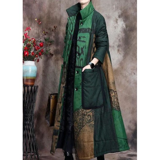 Boutique Green Print Pockets Thick Cotton Winter Long sleeve Coat