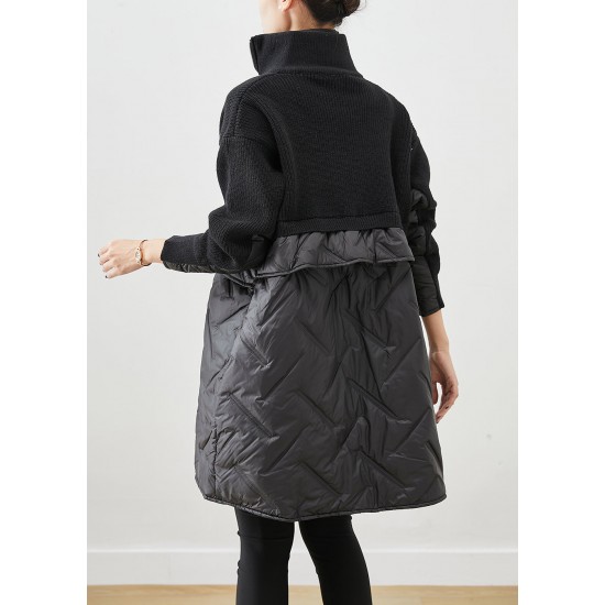 Women Black Zip Up Patchwork Fine Cotton Filled Knit Coat Winter