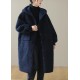 Women Blue Hooded Button Faux Fur Winter Coat