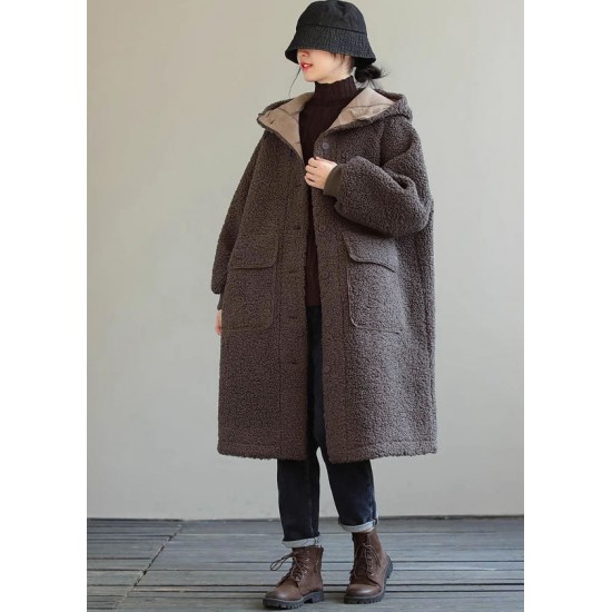 Women Blue Hooded Button Faux Fur Winter Coat