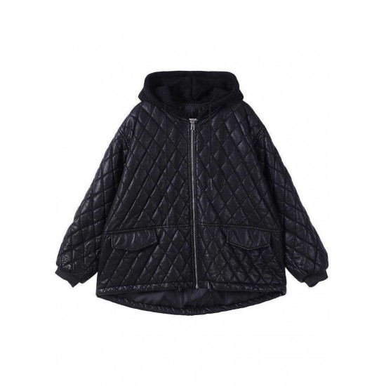 Luxury Black hooded zippered Patchwork Winter Winter Coats Long sleeve