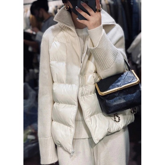 Loose Kahki Turtleneck Zip Up Knit Patchwork Parka Long Sleeve