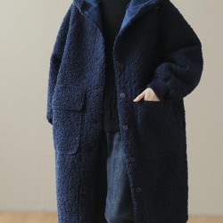 Women Blue Hooded Button Faux Fur Winter Coat