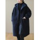 Women Blue Hooded Button Faux Fur Winter Coat