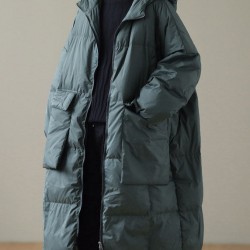 Plus Size Green hooded Zippered Pockets Winter Down Coat Long sleeve