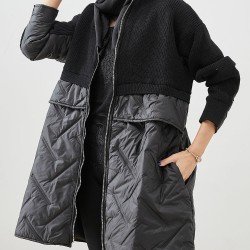 Women Black Zip Up Patchwork Fine Cotton Filled Knit Coat Winter