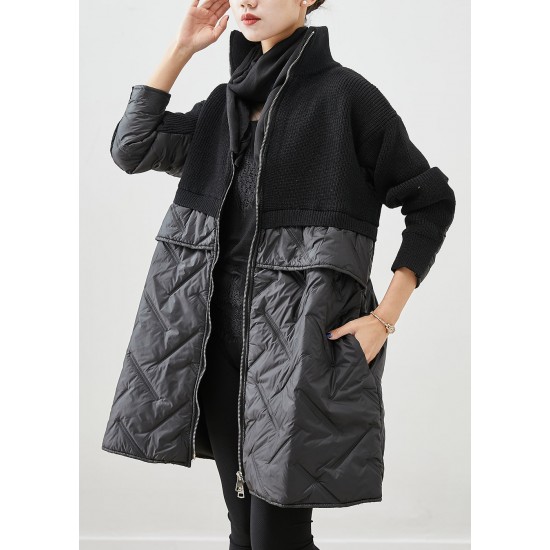 Women Black Zip Up Patchwork Fine Cotton Filled Knit Coat Winter