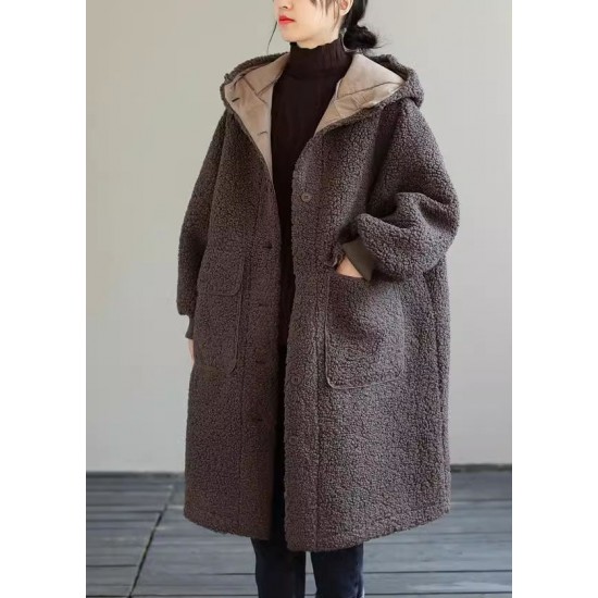 Women Blue Hooded Button Faux Fur Winter Coat