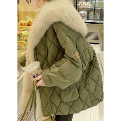 Women Green Fur Collar Oversized Duck Down Puffers Jackets Winter