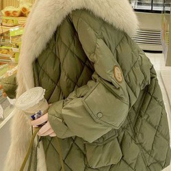 Women Green Fur Collar Oversized Duck Down Puffers Jackets Winter