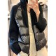 Loose Kahki Turtleneck Zip Up Knit Patchwork Parka Long Sleeve