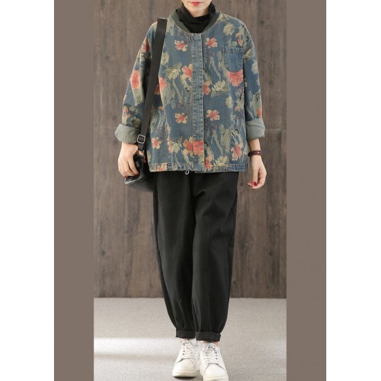 Casual retro Print Button Fall Denim Coat