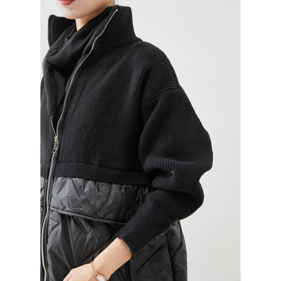 Women Black Zip Up Patchwork Fine Cotton Filled Knit Coat Winter