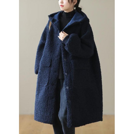 Women Blue Hooded Button Faux Fur Winter Coat