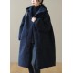 Women Blue Hooded Button Faux Fur Winter Coat