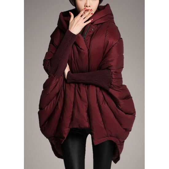 Trendy Mulberry hooded zippered Cloak Sleeves Winter Duck Down coat