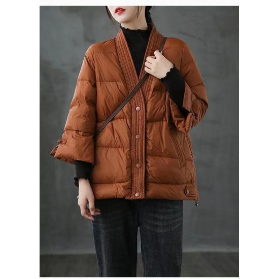 Caramel V Neck Button Thick fashion Winter Duck Down Jackets