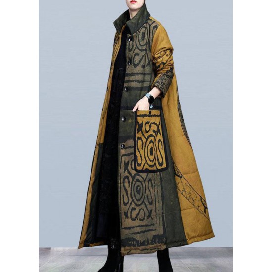 Beautiful Yellow Stand Collar Button Winter Cotton Parka Long sleeve