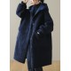 Women Blue Hooded Button Faux Fur Winter Coat