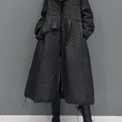 Women Black Hooded Pockets Fine Cotton Filled Witner Coat Winter