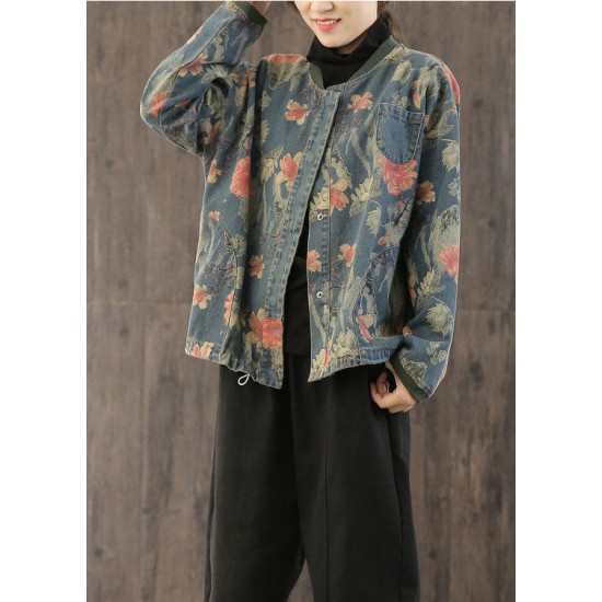 Casual retro Print Button Fall Denim Coat