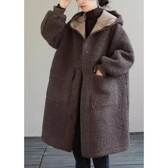 Women Blue Hooded Button Faux Fur Winter Coat