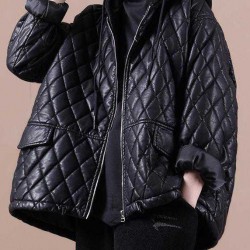 Luxury Black hooded zippered Patchwork Winter Winter Coats Long sleeve