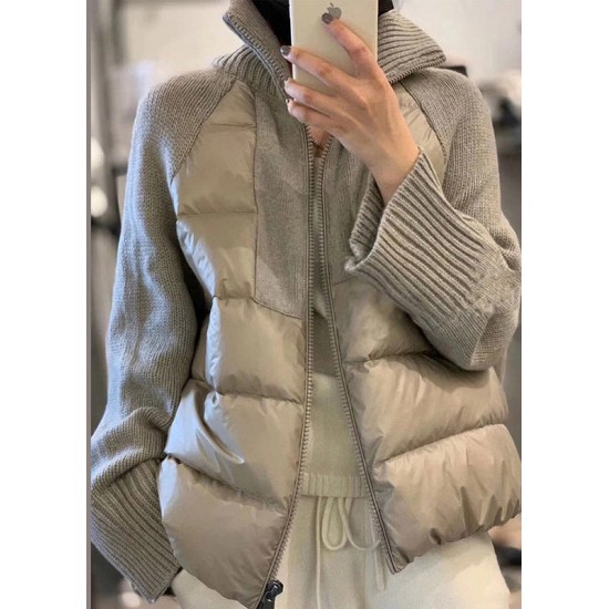 Loose Kahki Turtleneck Zip Up Knit Patchwork Parka Long Sleeve