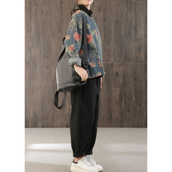 Casual retro Print Button Fall Denim Coat