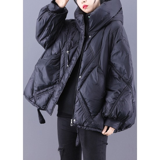 Beautiful Black hooded Loose zippered Warm Winter Duck Down Jacket
