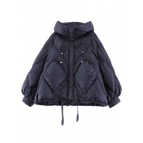 Beautiful Black hooded Loose zippered Warm Winter Duck Down Jacket